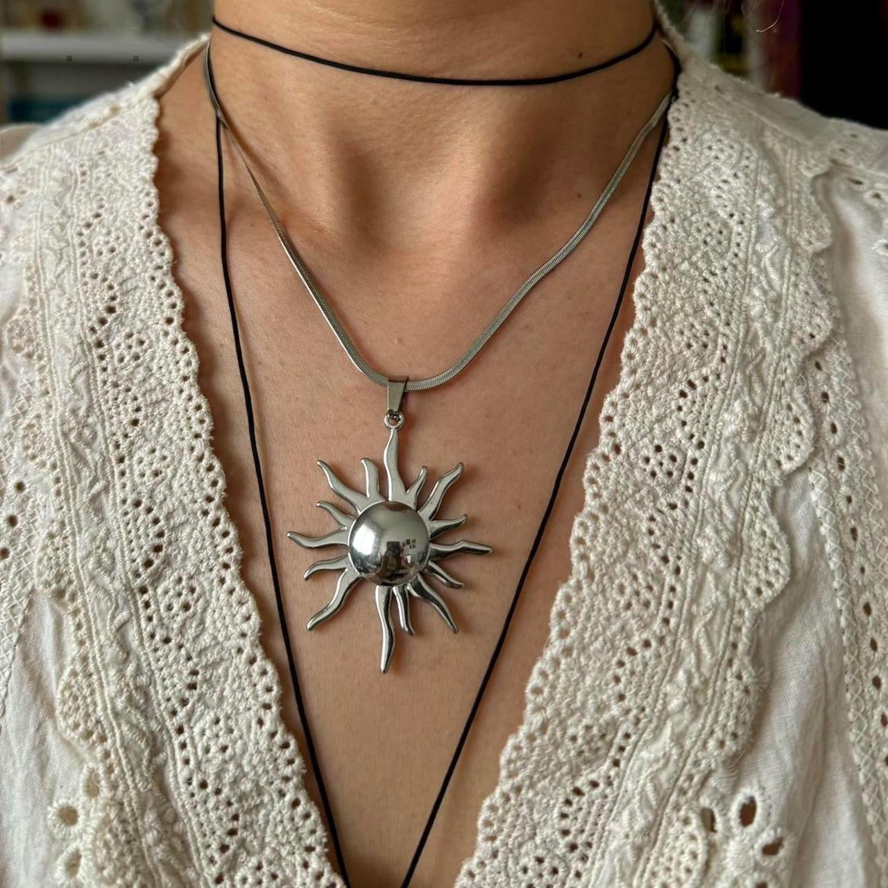 Big solar pendant necklace with Snake chain in silver