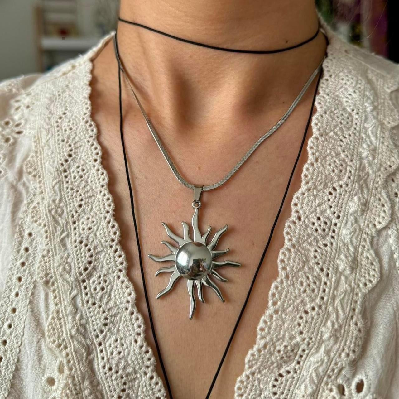 Big solar pendant necklace with Snake chain in silver