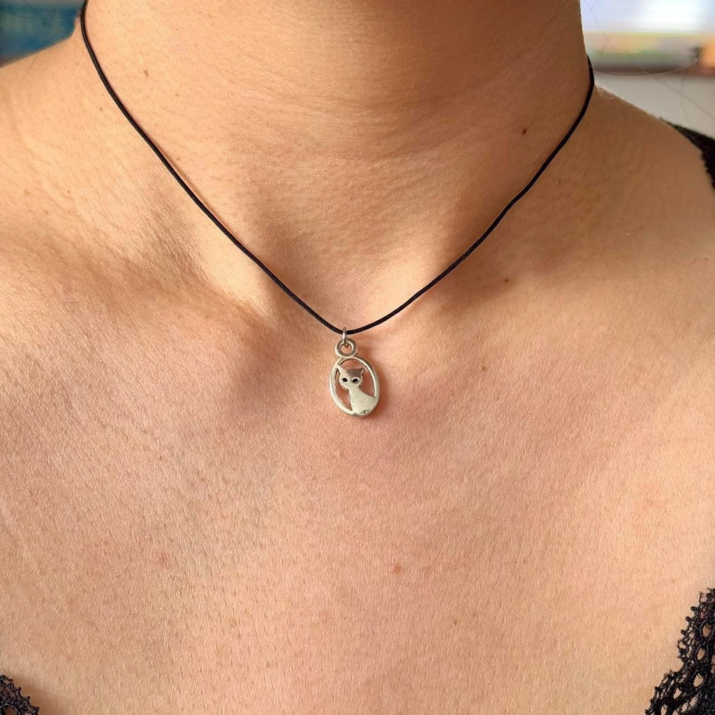 Silver cat choker necklace