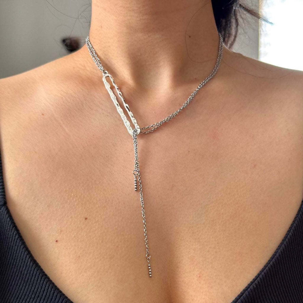 Hammered square toggle chain drop necklace in silver