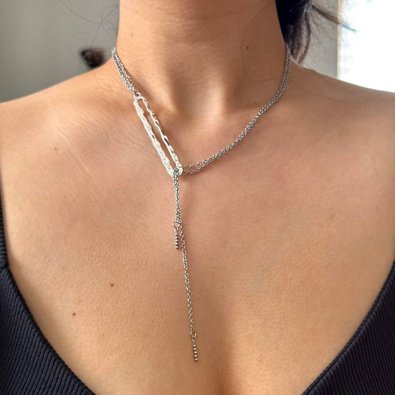 Hammered square toggle chain drop necklace in silver