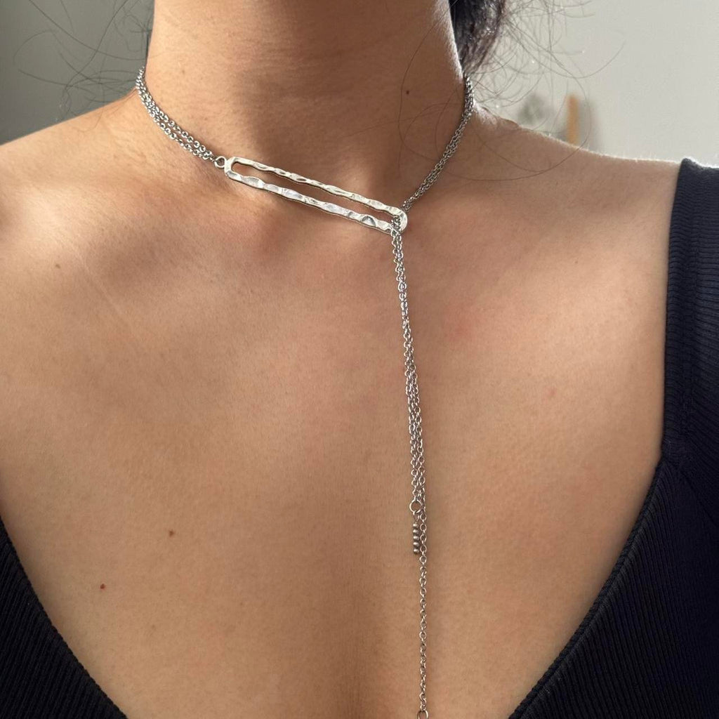 Hammered square toggle chain drop necklace in silver