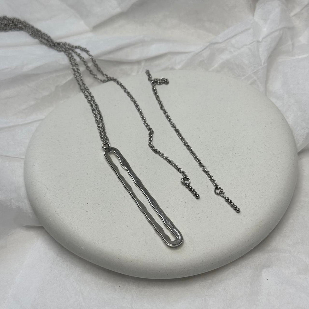 Hammered square toggle chain drop necklace in silver